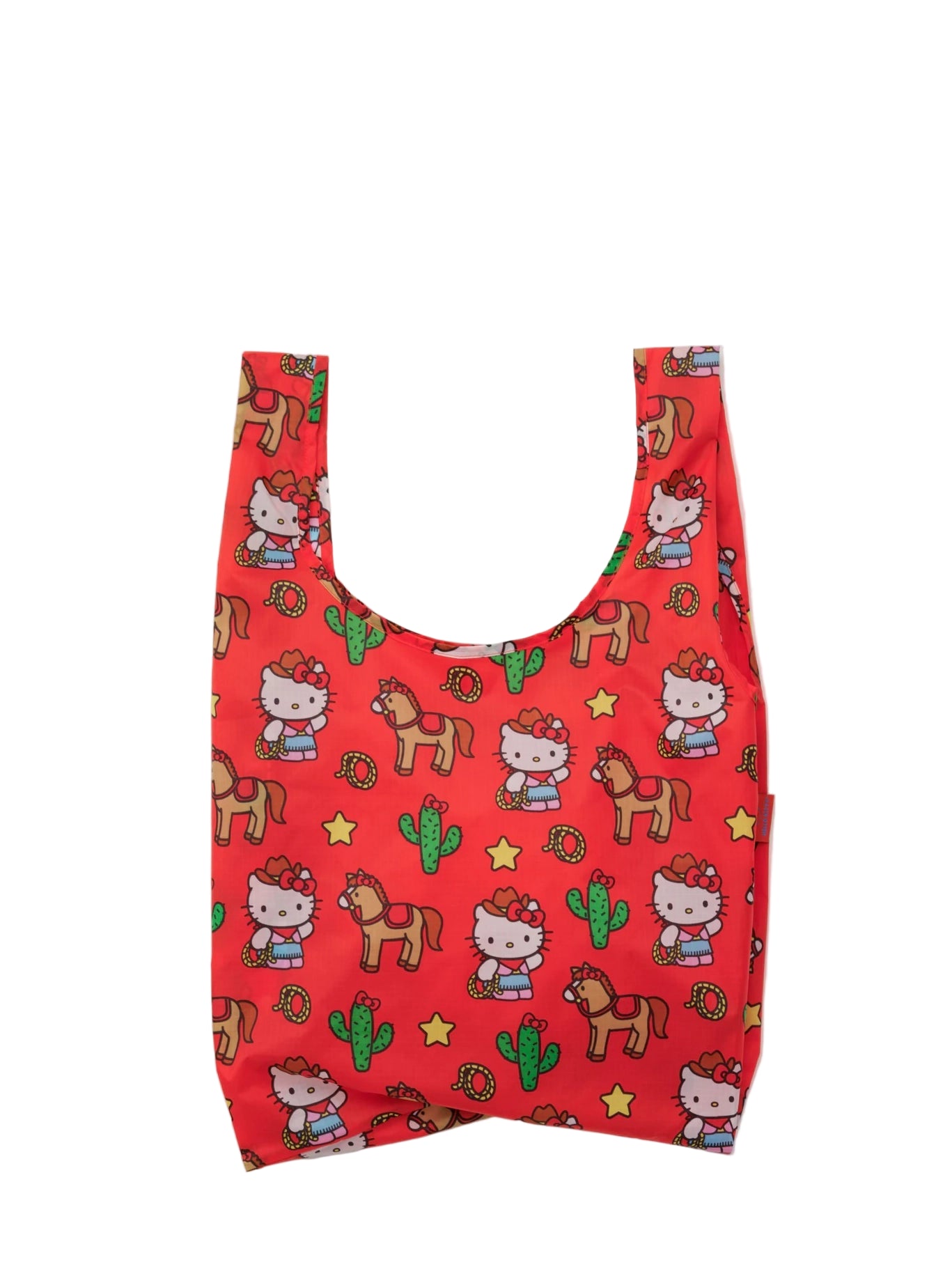 Red reusable bag with Hello Kitty and horse pattern on a white background