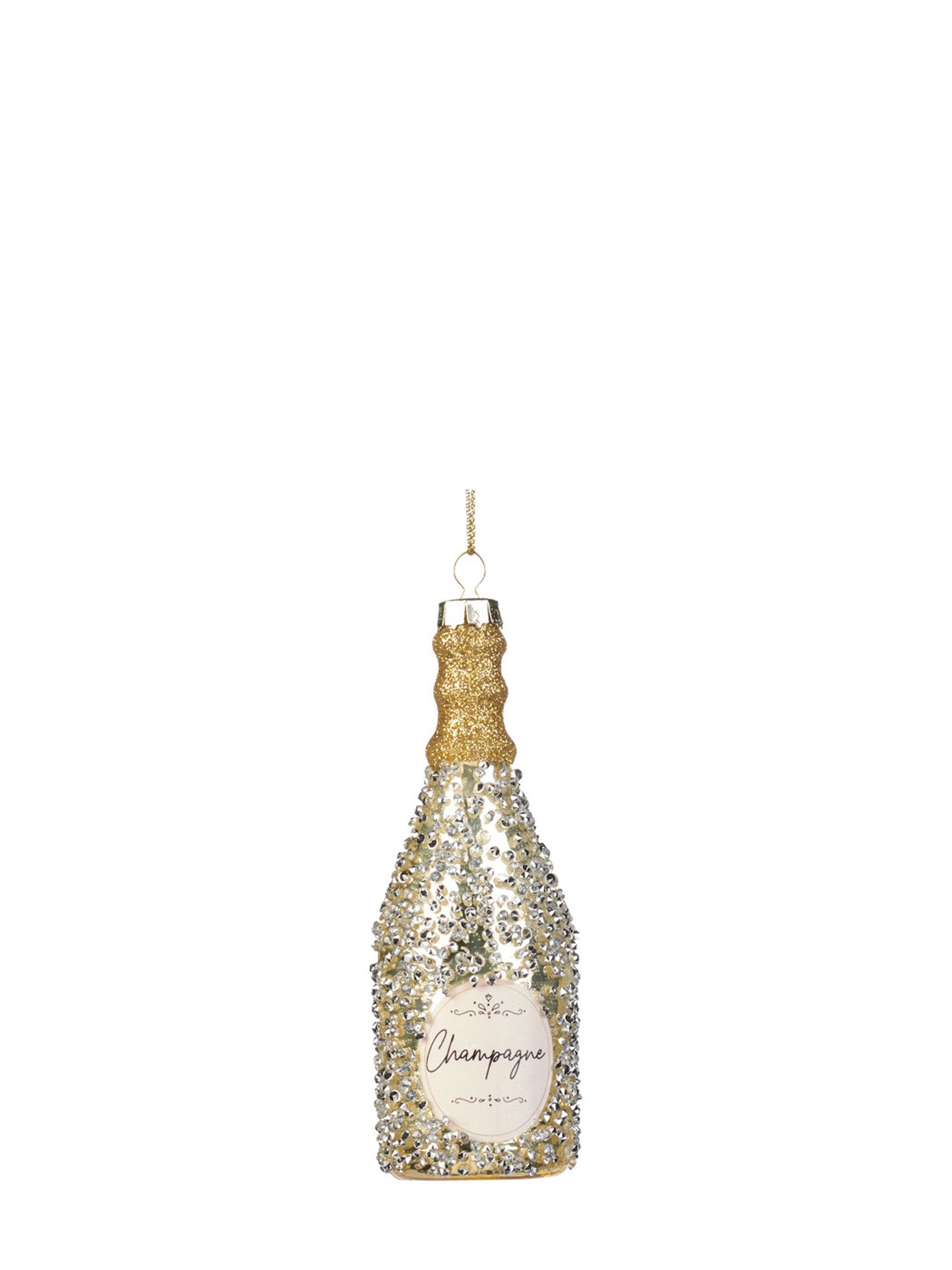 Beaded champagne bottle glass ornament