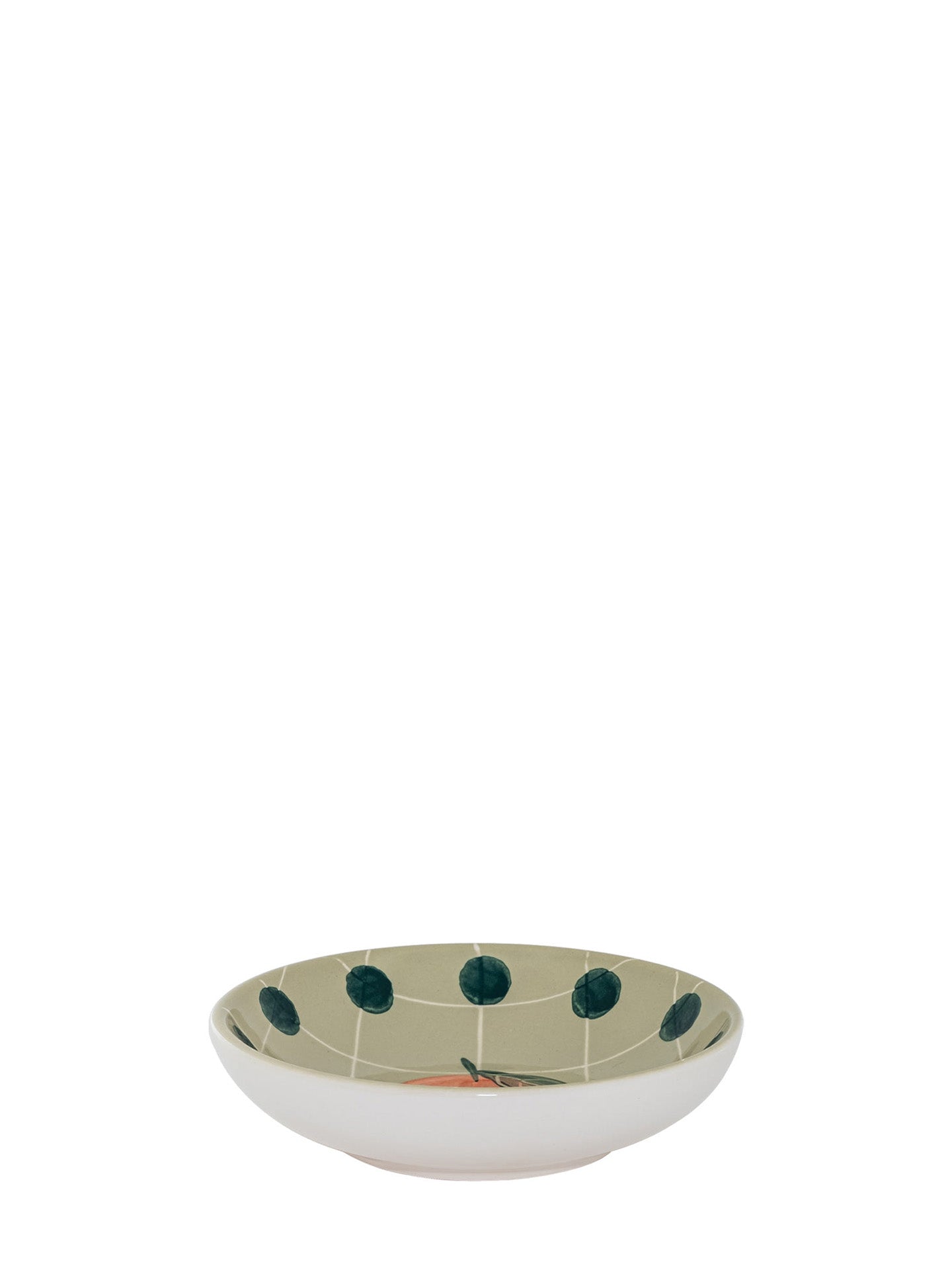 Peach bowl, green with dark green dots