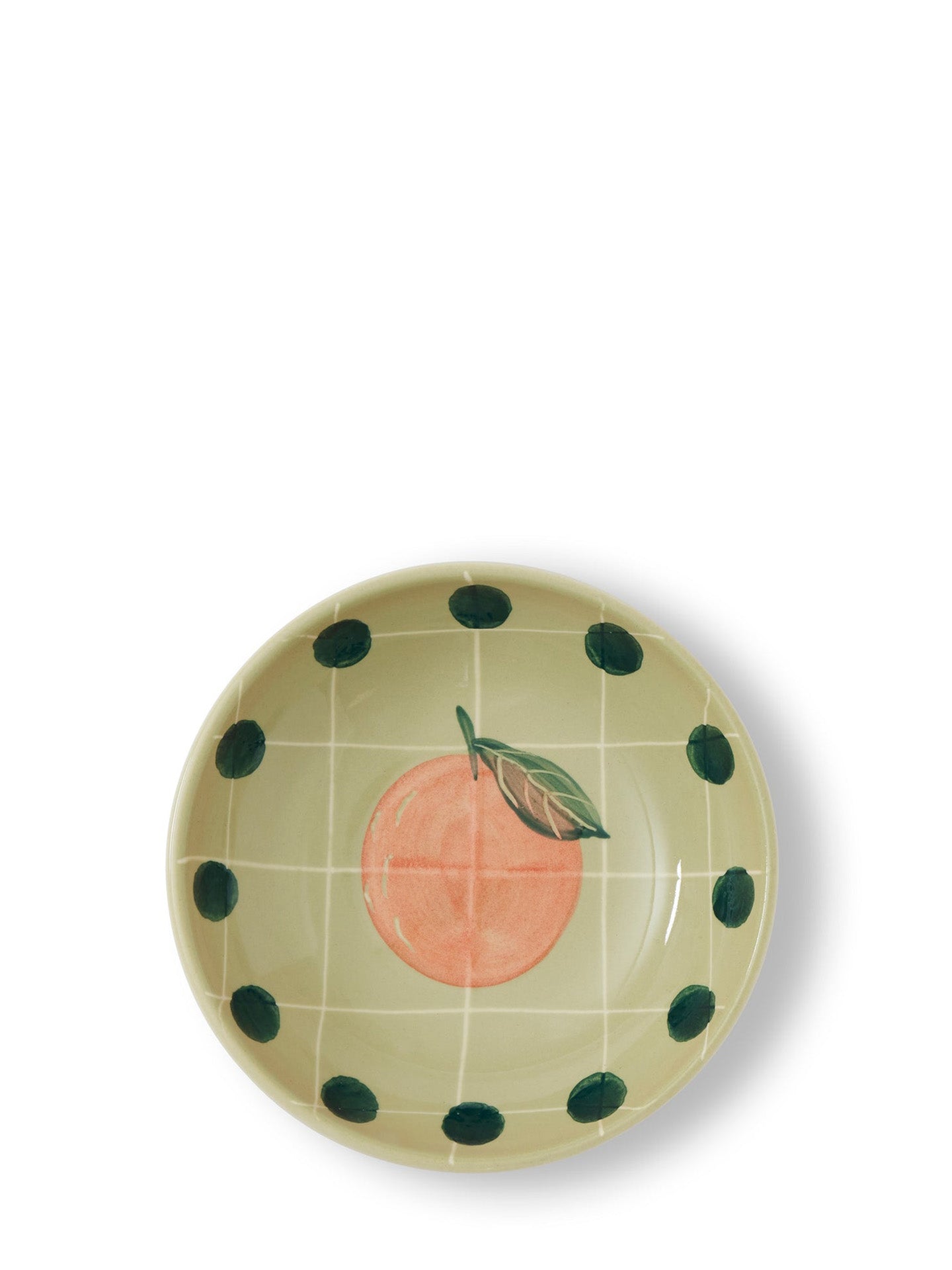 Peach bowl, green with dark green dots