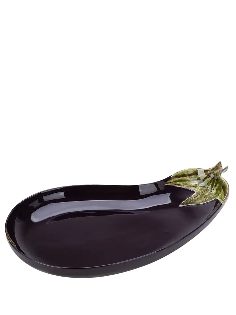 Black ceramic eggplant-shaped platter on a white background