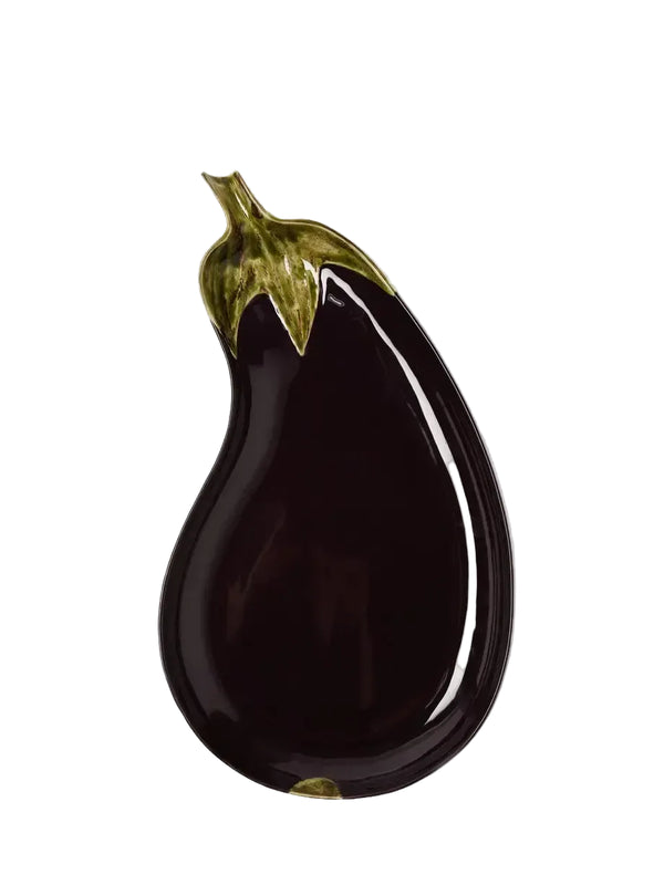 A purple earthenware platter designed to resemble an aubergine, with a green stem and leaf detail.