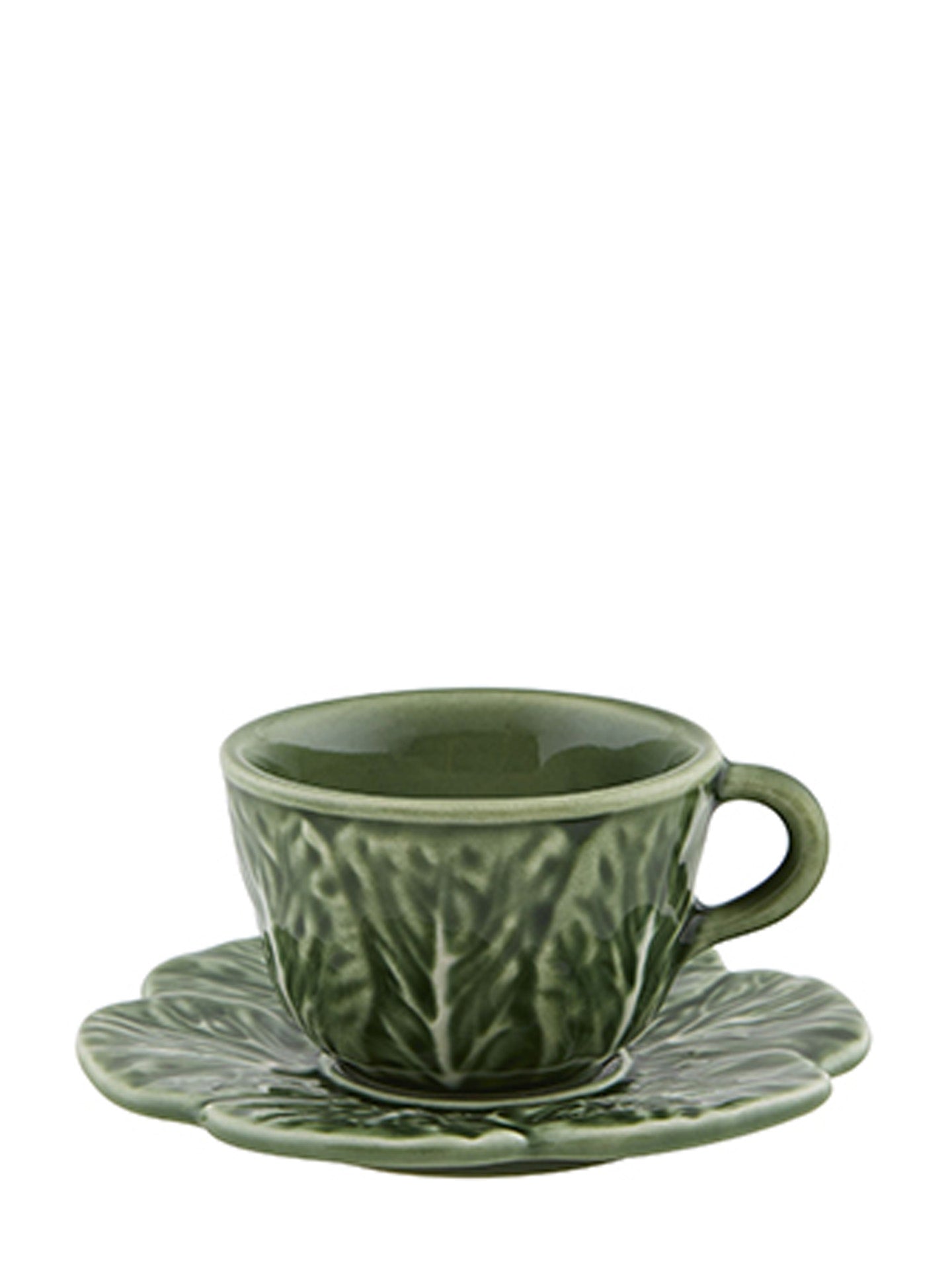 Green ceramic coffee cup and saucer with cabbage leaf pattern on a white background