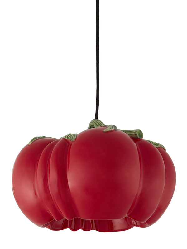 A red ceramic pendant lamp designed to resemble a tomato, with green accents for the stem and leaf.