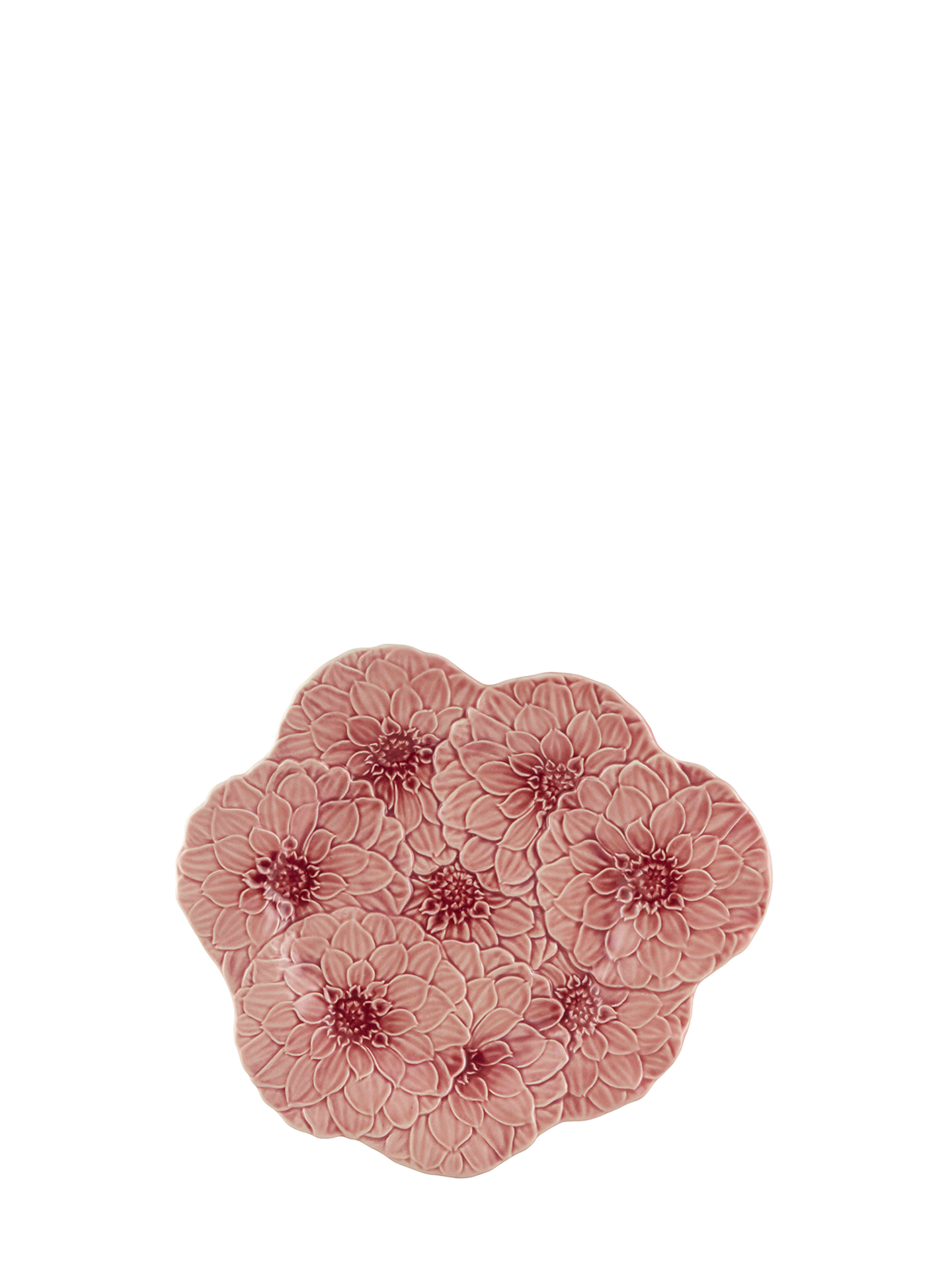 A round pink earthenware dinner plate with a floral pattern.