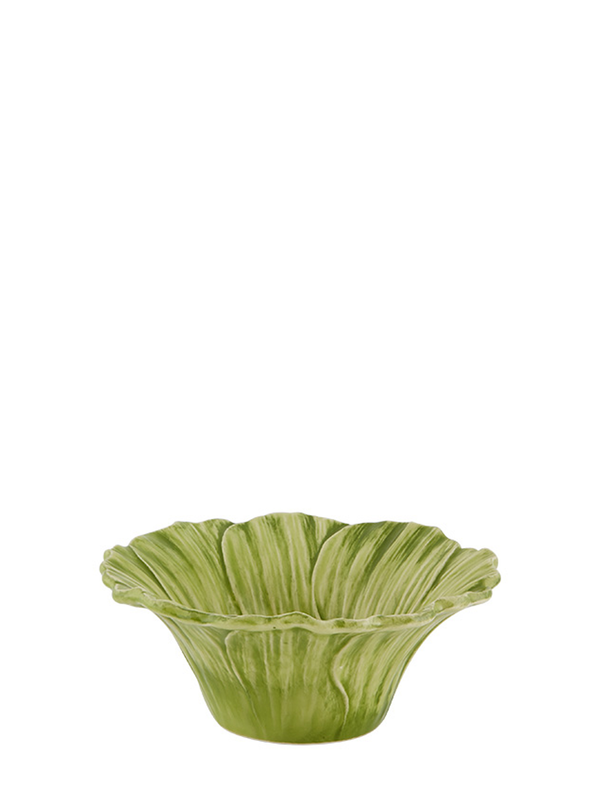A green ceramic bowl with a floral pattern, inspired by nature, from Bordallo Pinheiro's Maria Flor collection.