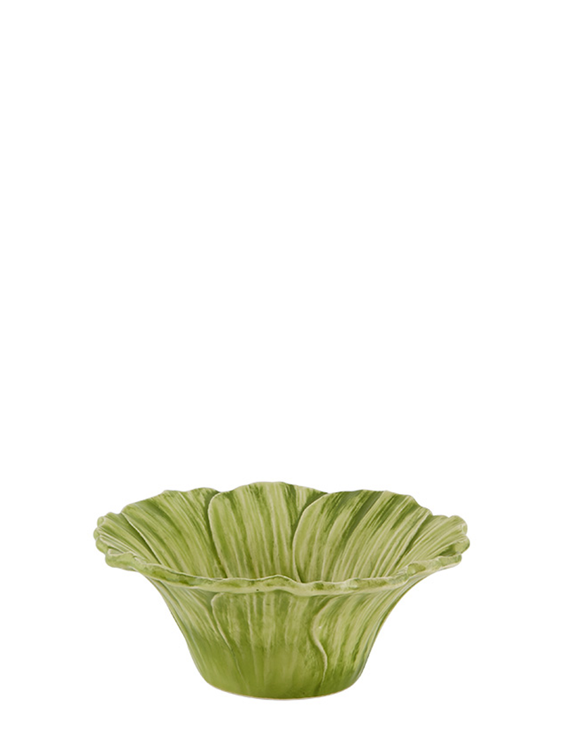 A green ceramic bowl with a floral pattern, inspired by nature, from Bordallo Pinheiro's Maria Flor collection.
