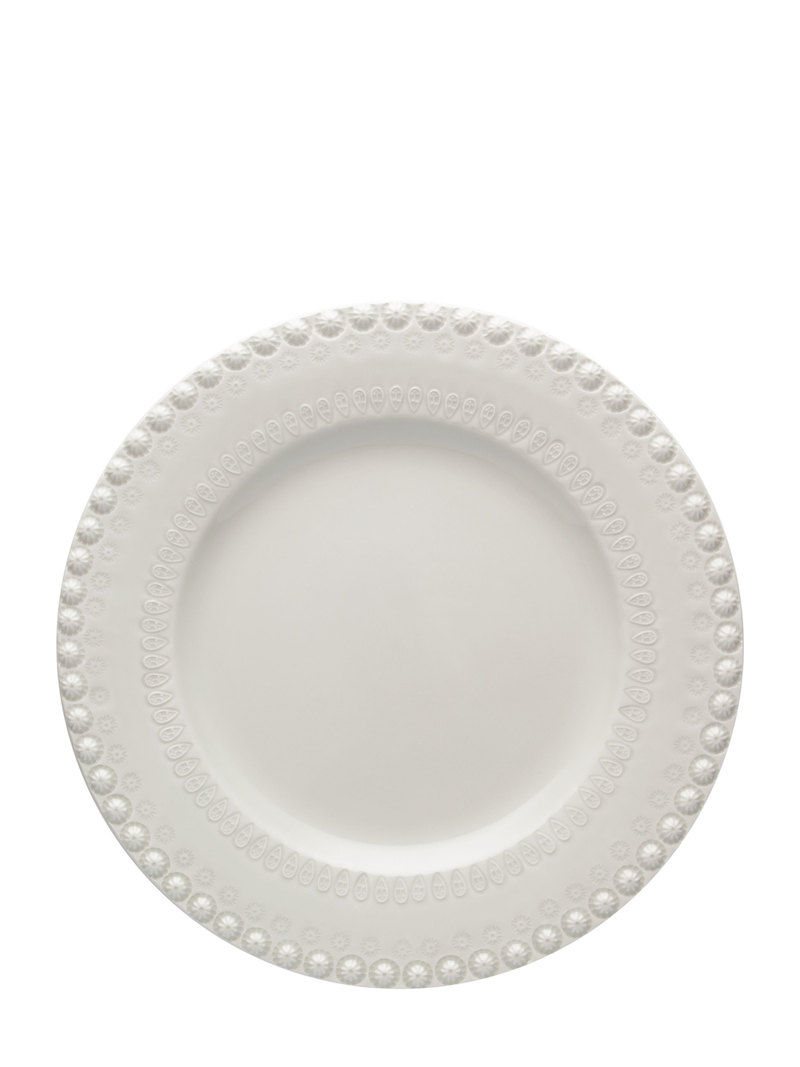 A pale grey earthenware dinner plate with a floral pattern around the rim.