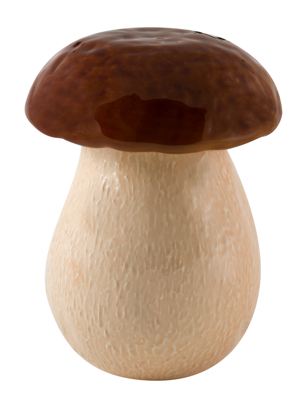 A large earthenware ceramic mushroom jar with a brown cap and beige stem, hand-painted with intricate details.