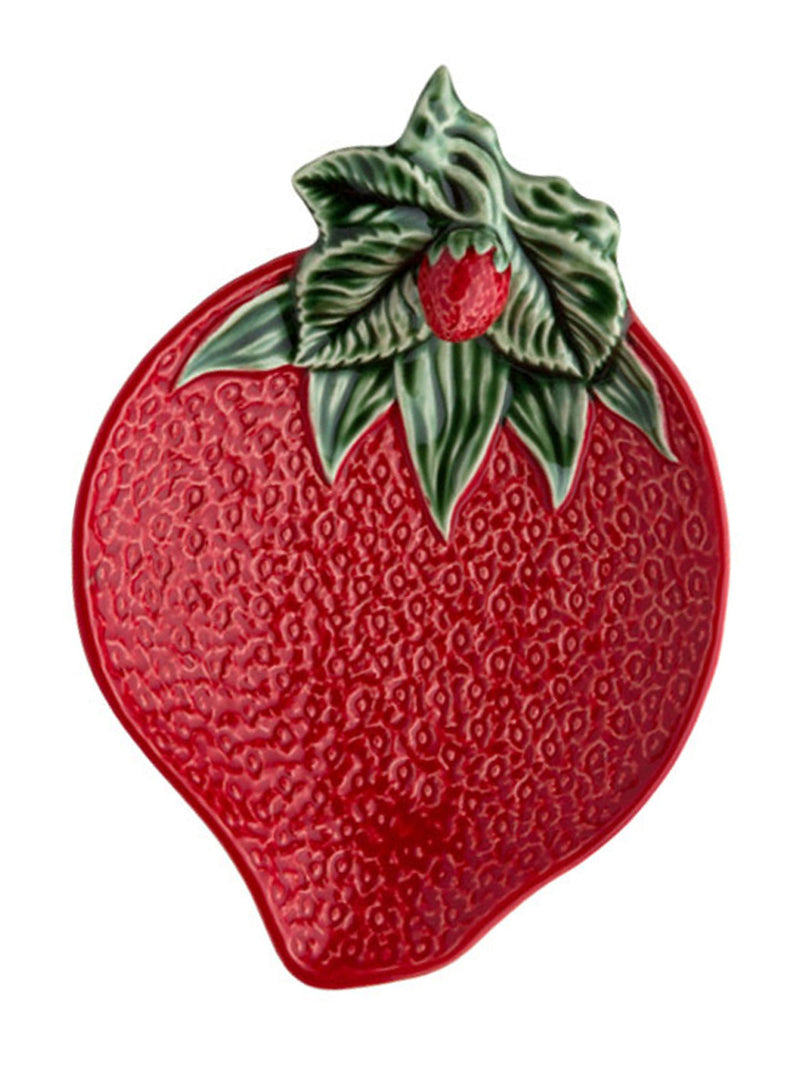 BORDALLO PINHEIRO: Strawberry olive dish (21 cm) is red and green ceramic plate with sculpted details of strawberry seeds, leaves, stem plus a tiny little extra berry among the leaves
