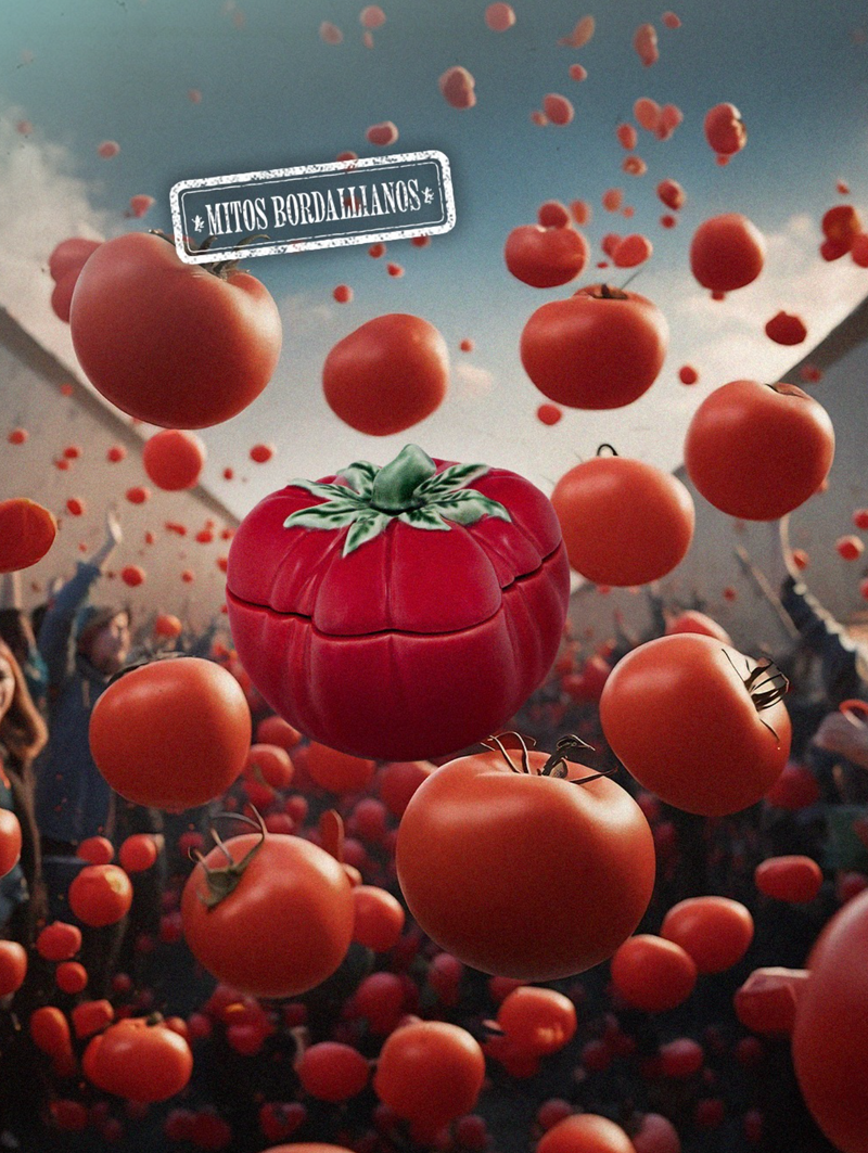 Red tomato-shaped product with people in the background and 'Mitos Bordallananos' logo.