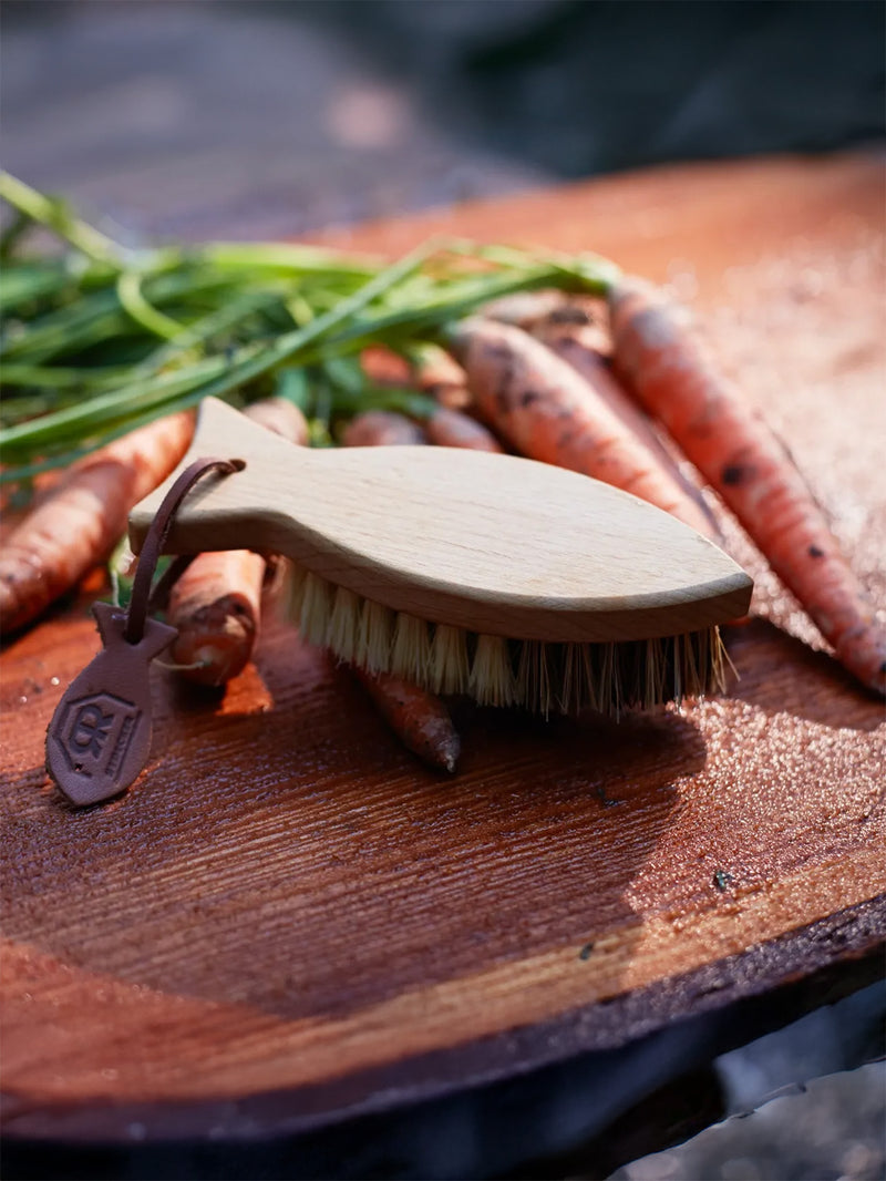 Wooden brush with bristles on a wooden surface with carrots and grass.