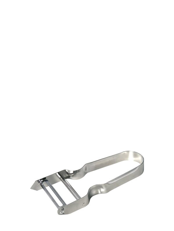 Metallic kitchen peeler on a white background