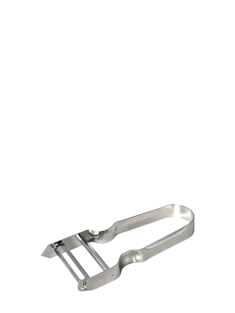 Metallic kitchen peeler on a white background
