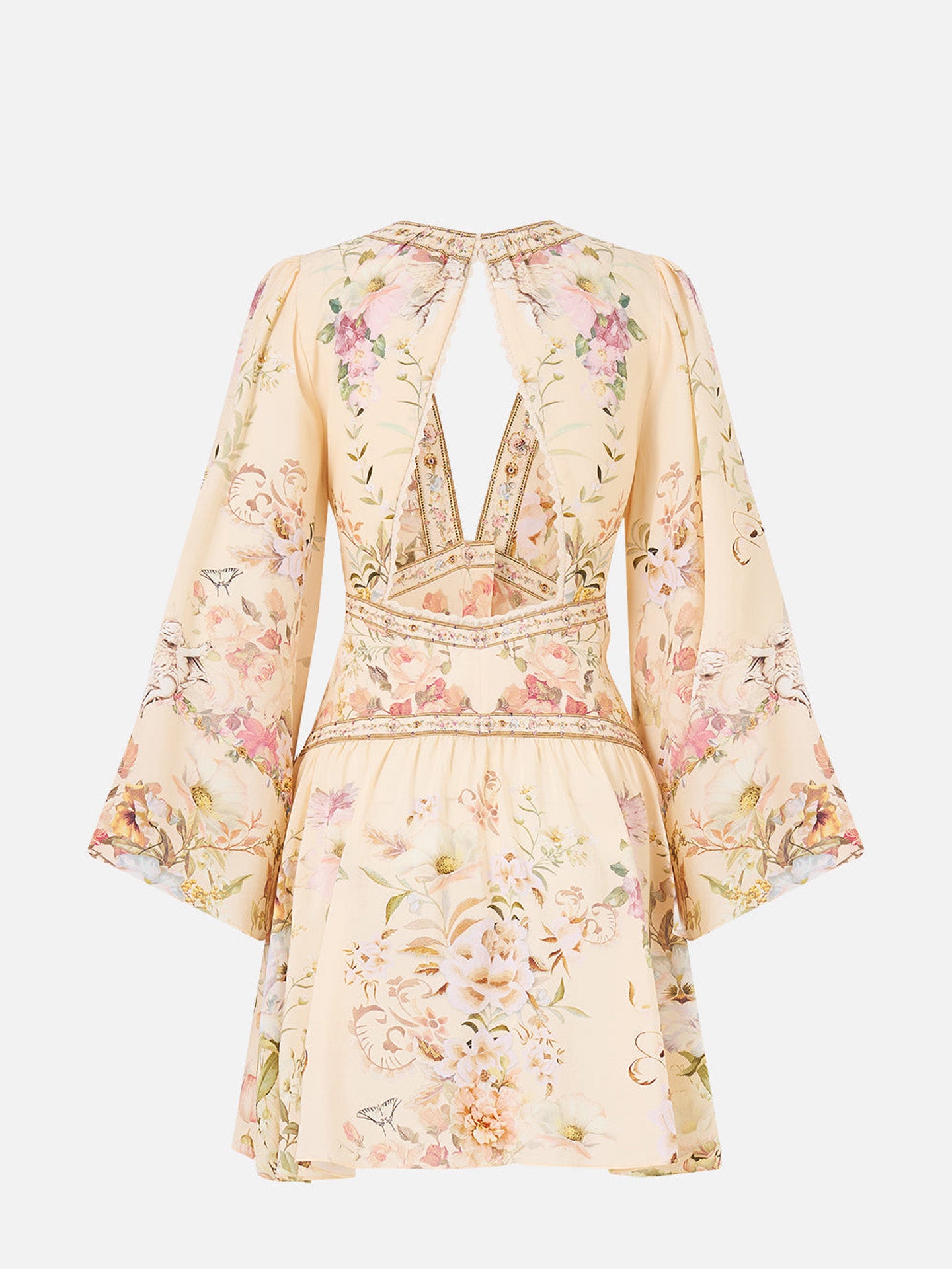 Adorned in Aranjuez button down short silk dress with open back