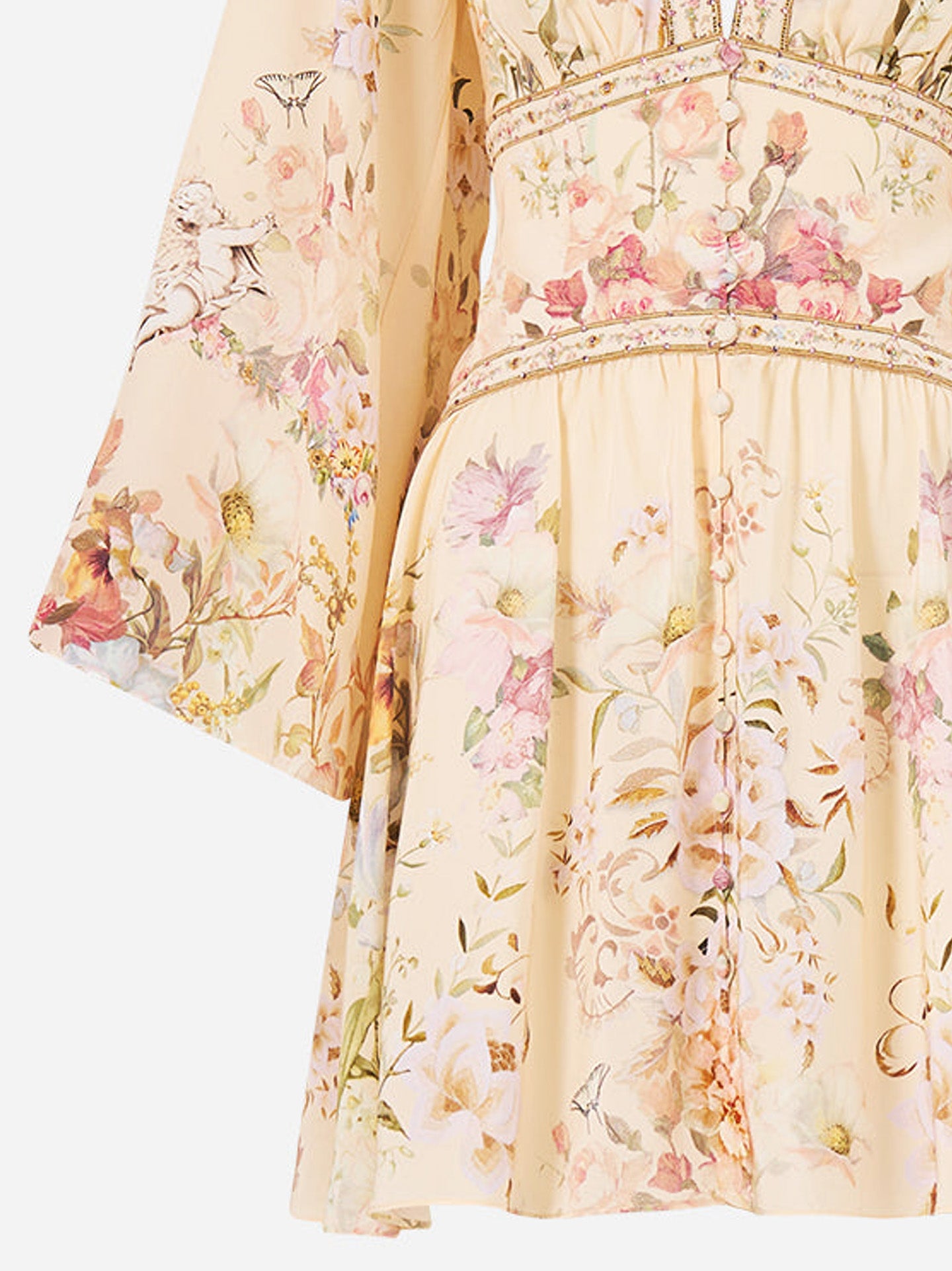 Adorned in Aranjuez button down short silk dress with open back