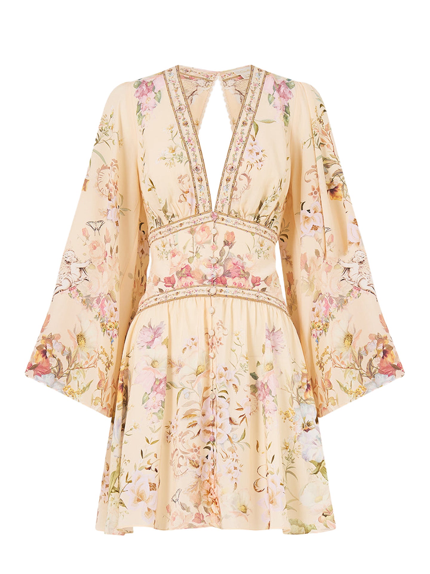 Adorned in Aranjuez button down short silk dress with open back