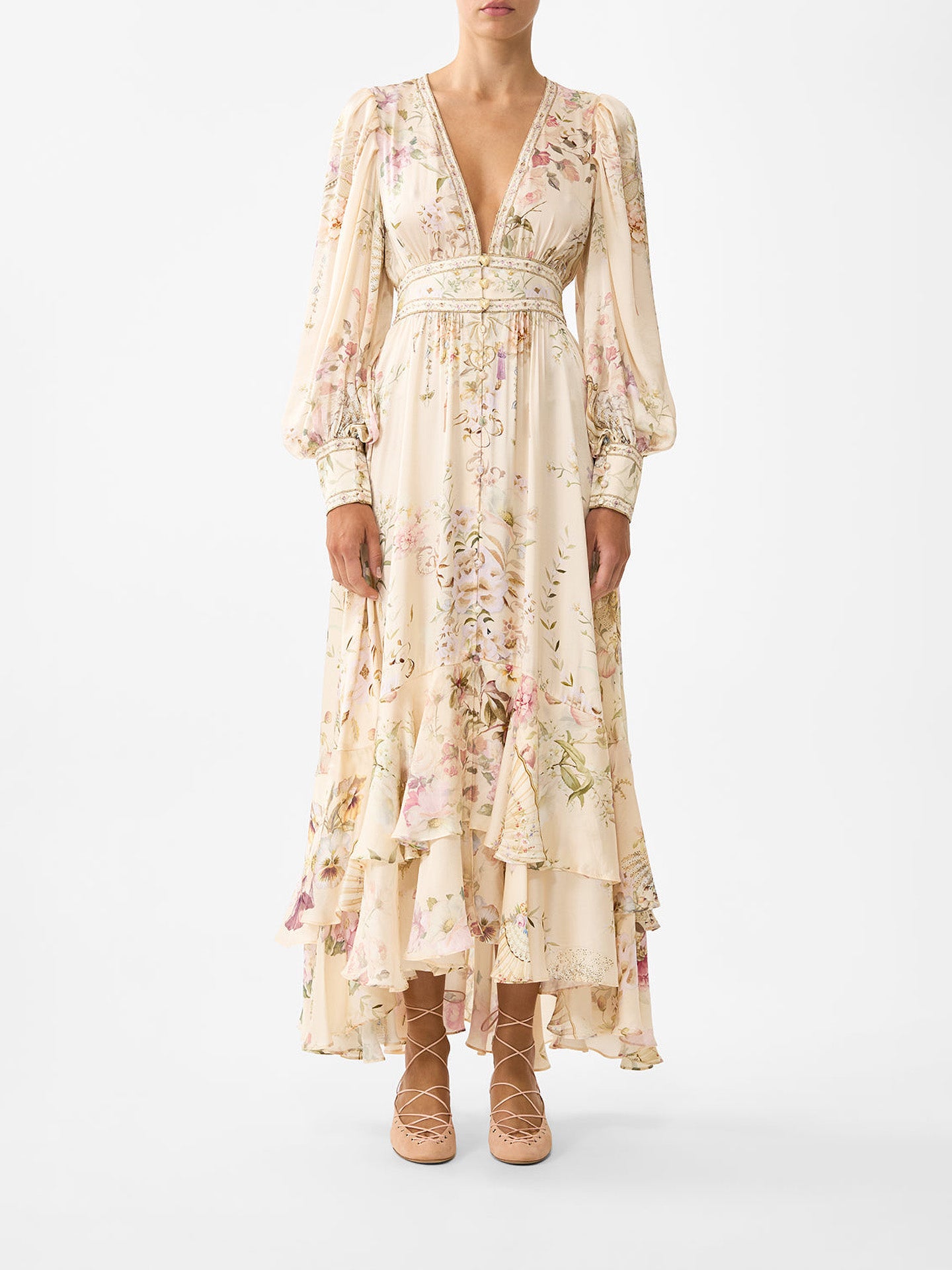Adorned in Aranjuez long silk dress with button front