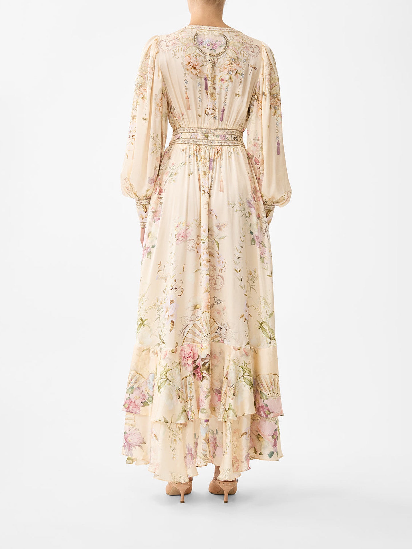 Adorned in Aranjuez long silk dress with button front