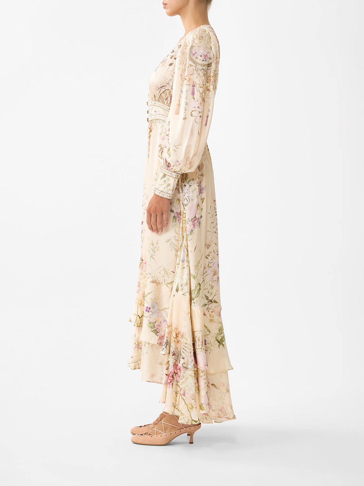 Adorned in Aranjuez long silk dress with button front