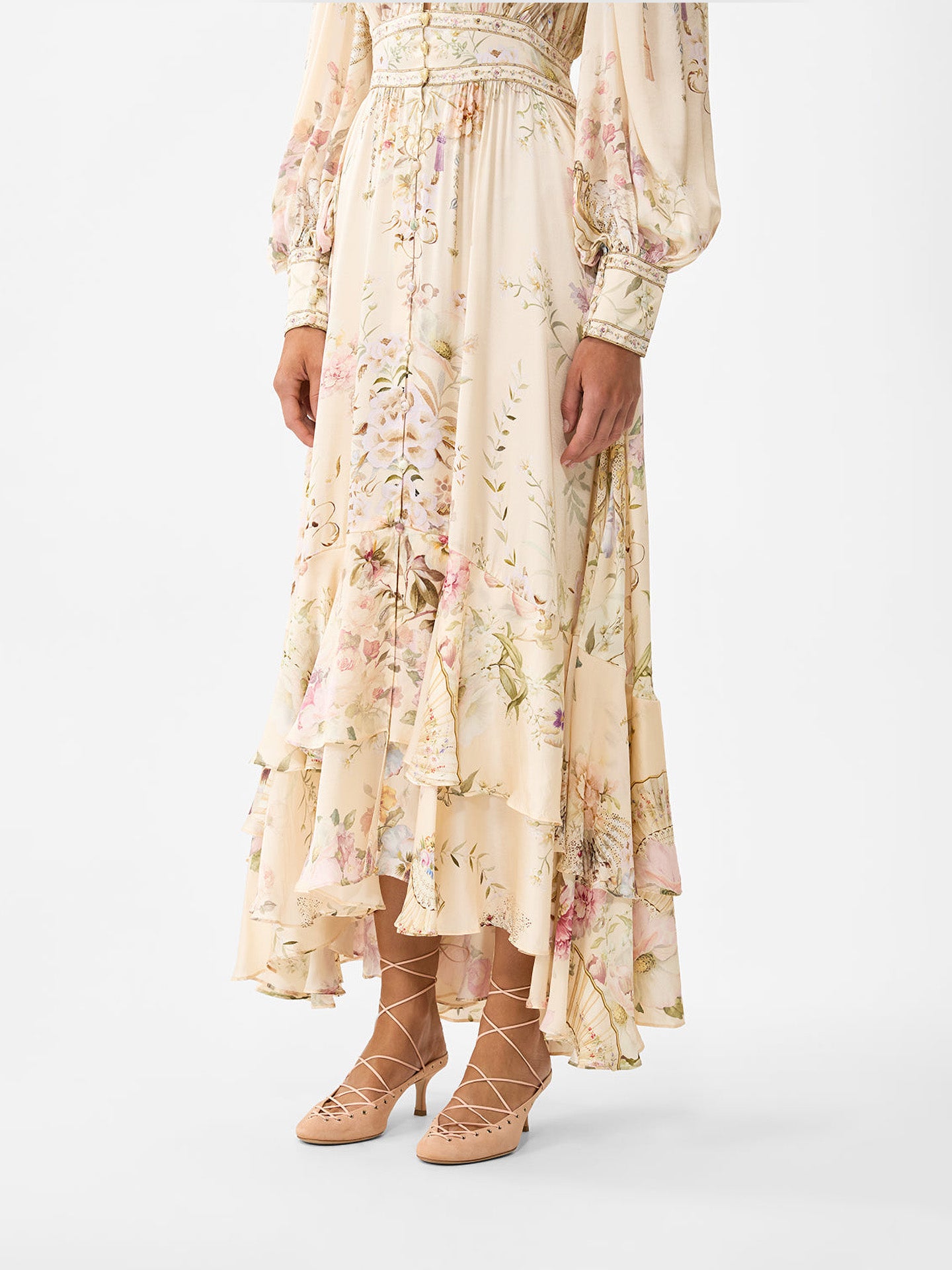Adorned in Aranjuez long silk dress with button front