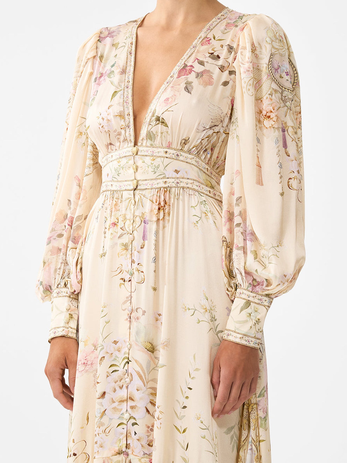 Adorned in Aranjuez long silk dress with button front