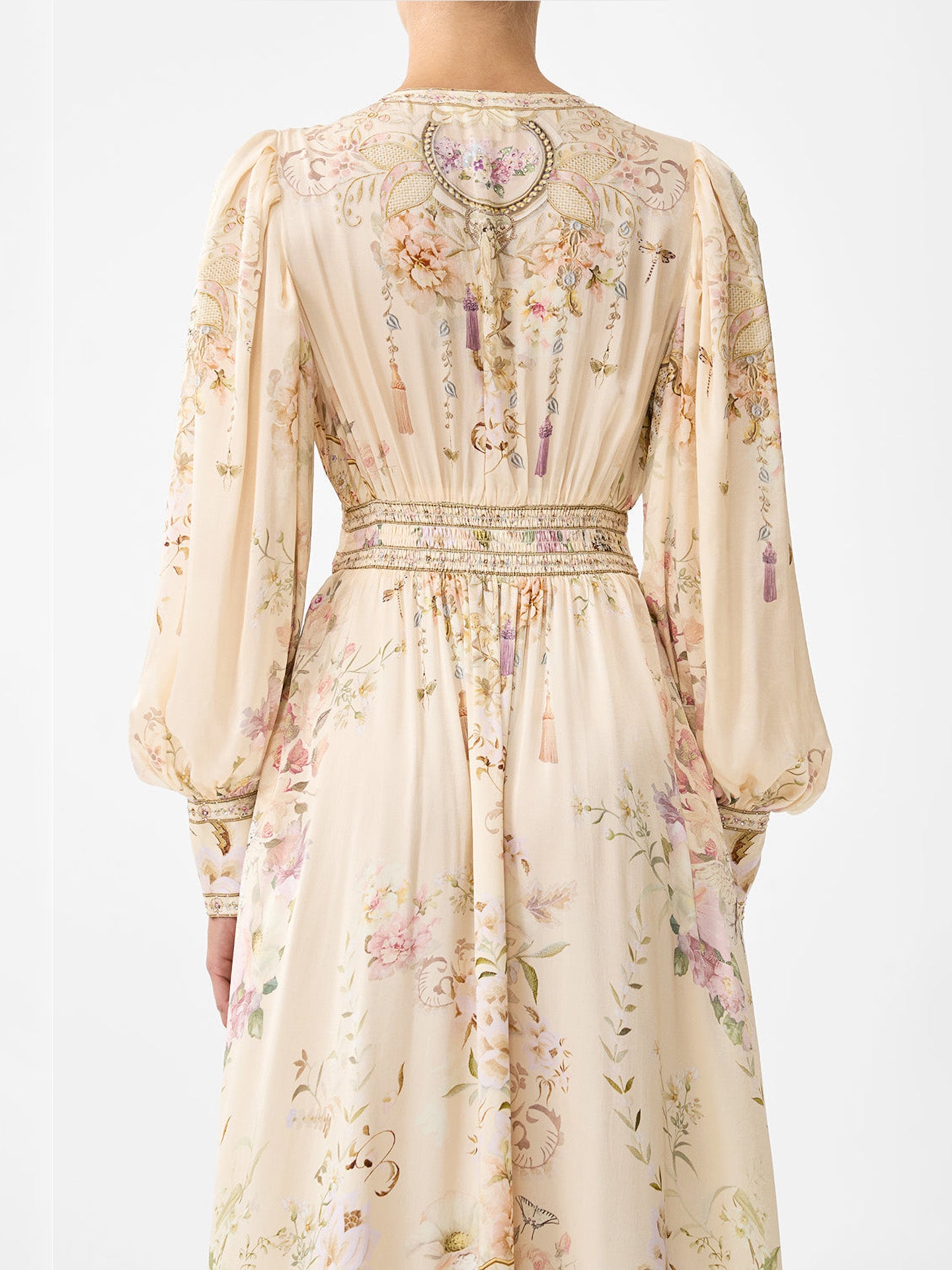 Adorned in Aranjuez long silk dress with button front