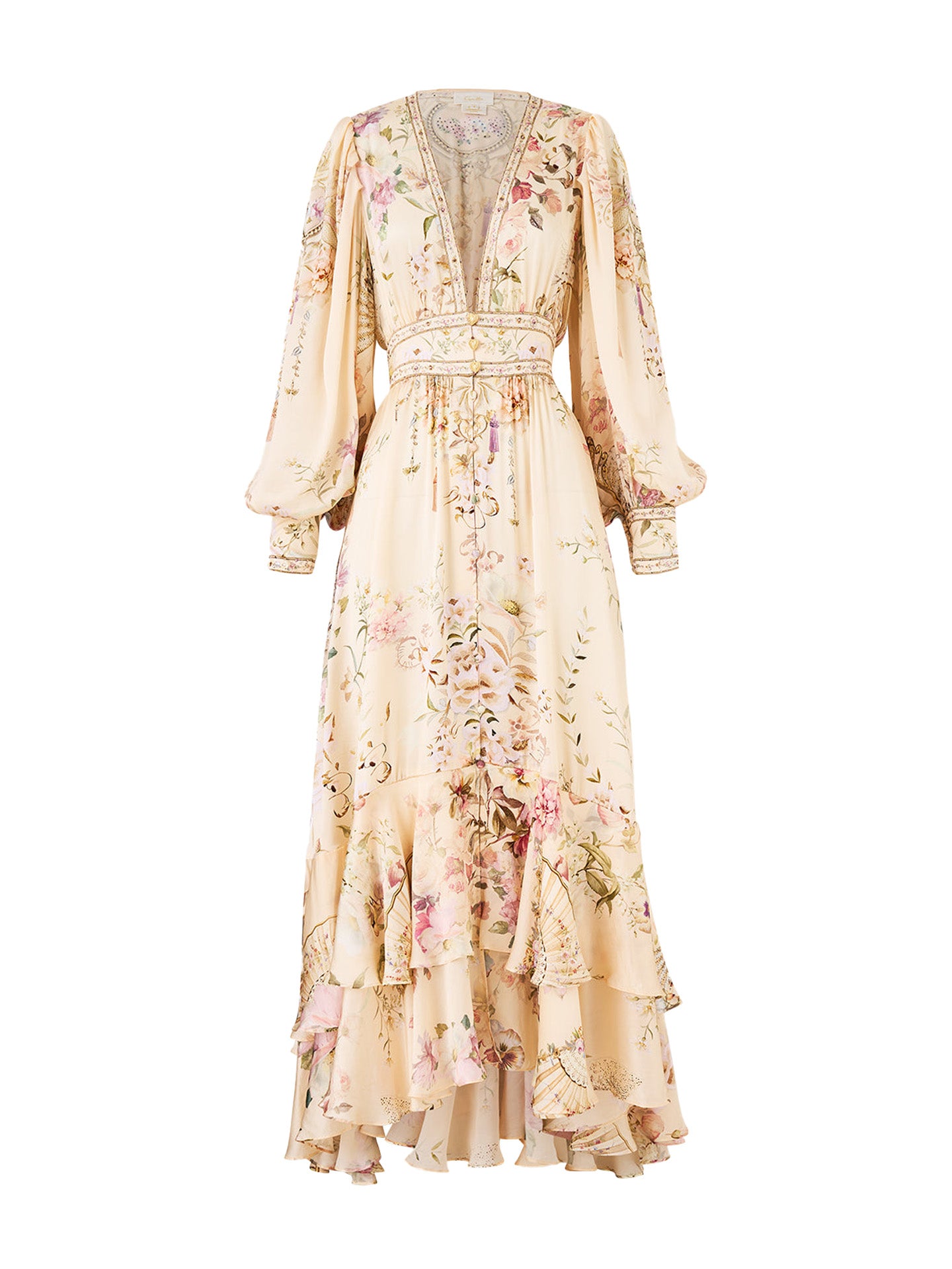 Adorned in Aranjuez long silk dress with button front