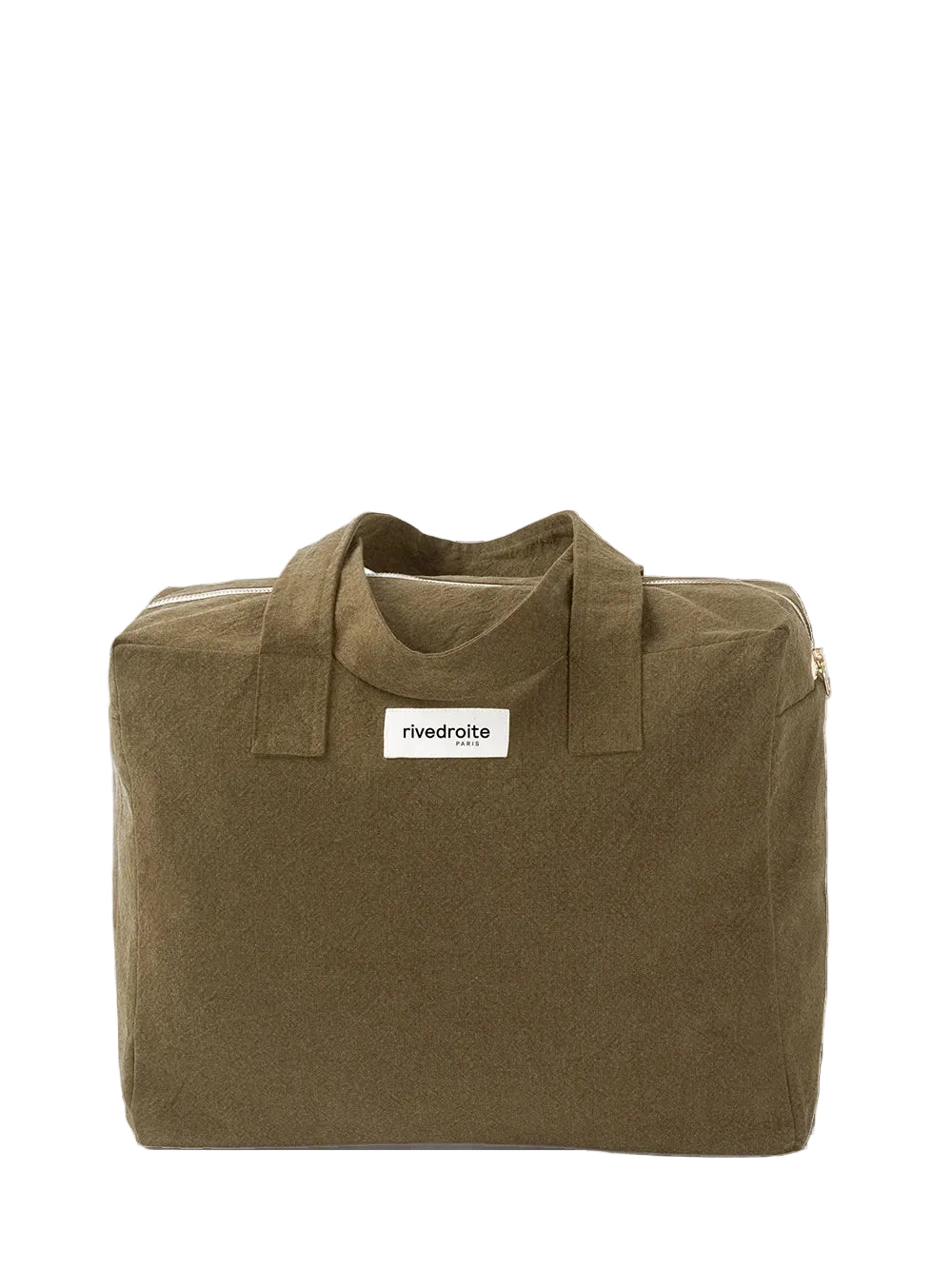 Military green bag with a visible brand label on a white background