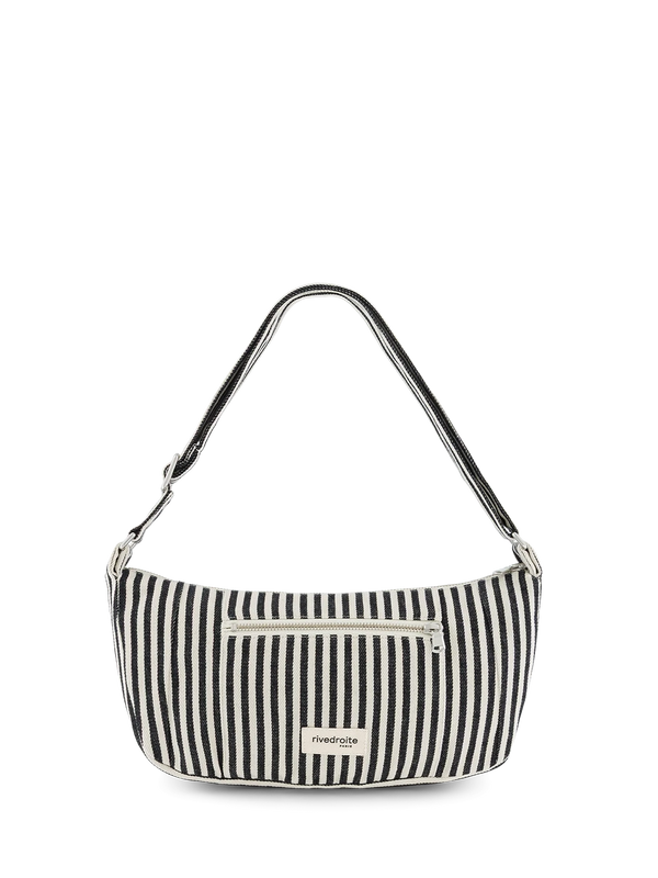 Black and white striped handbag with a visible brand logo on a white background