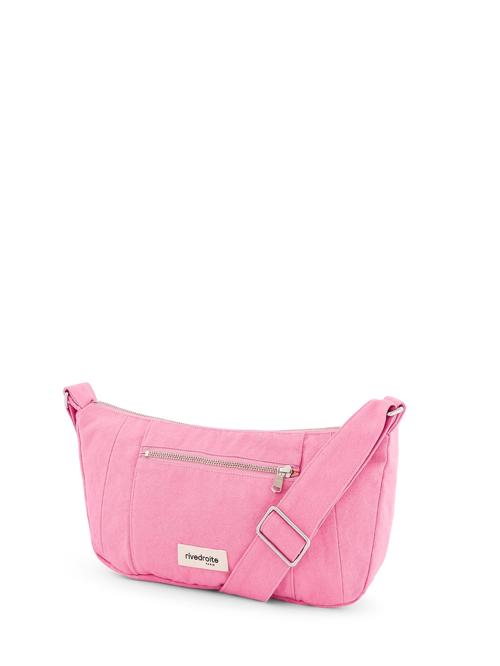 Pink crossbody bag with a visible brand logo on a white background