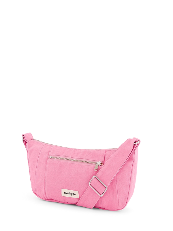 Pink crossbody bag with a visible brand logo on a white background