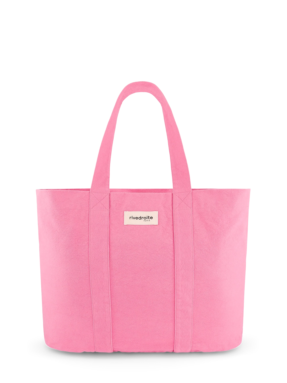 Pink tote bag with a visible brand label on a white background