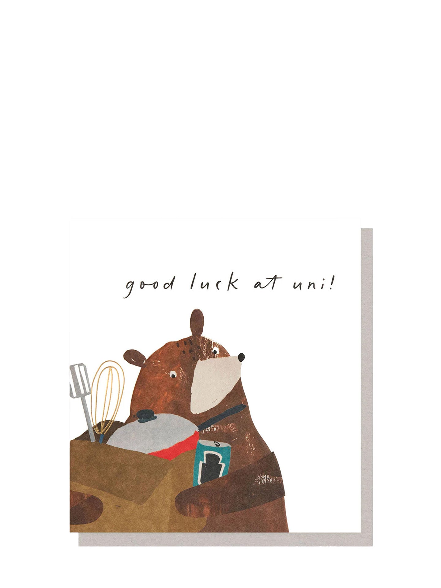 Good luck at uni bear with beans in box good luck card