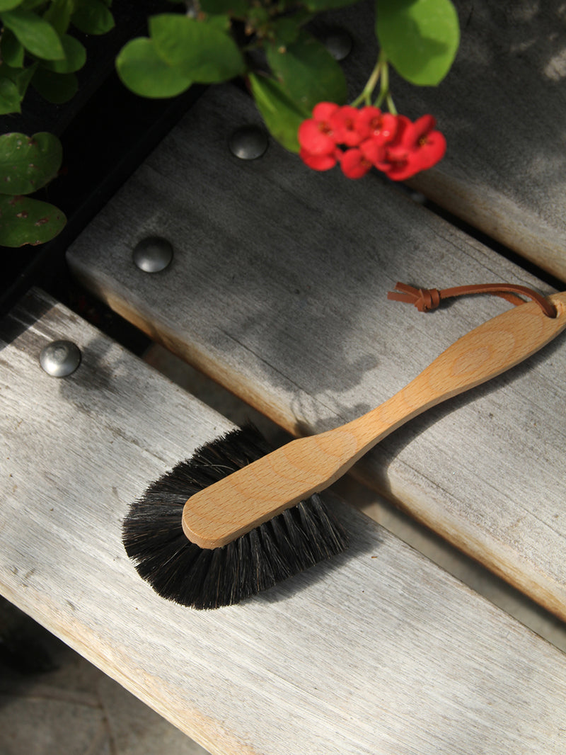 Wooden brush with black bristles on a wooden surface with a plant in the background