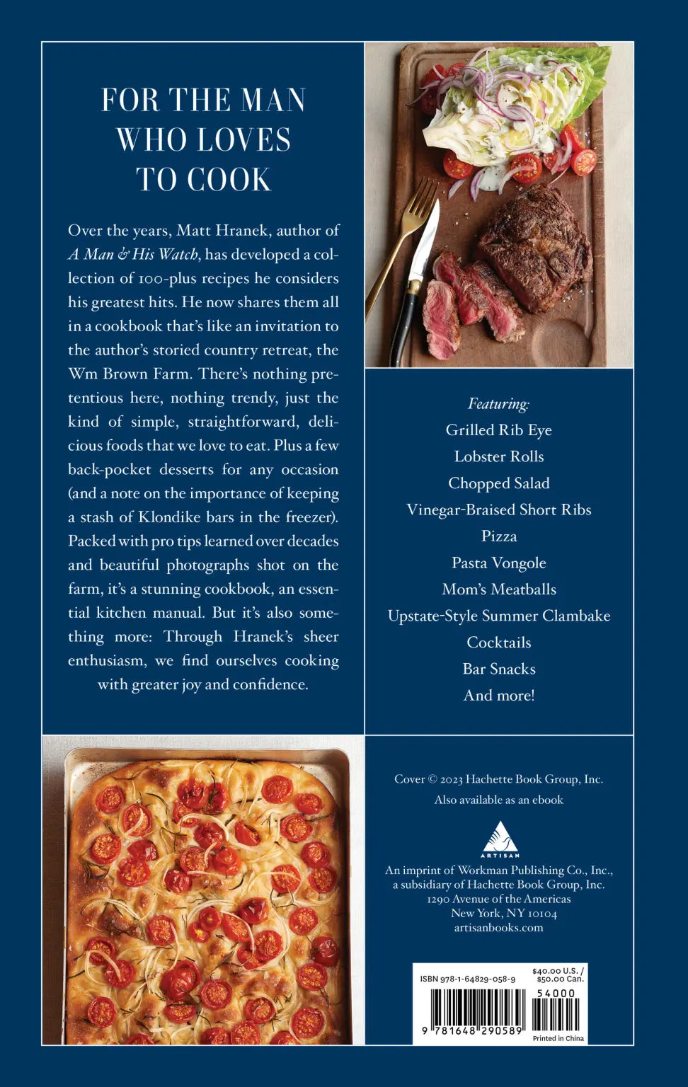 Book cover for a cookbook featuring images of food and text about the author and recipes.