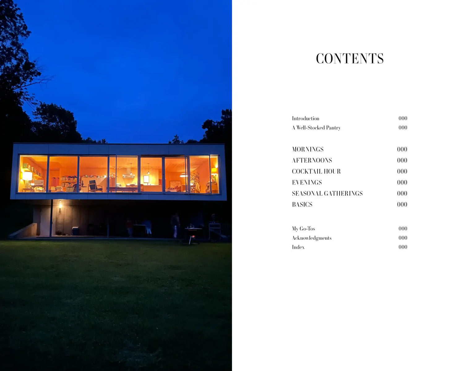 Modern house with large windows at night, next to a table of contents for a book.