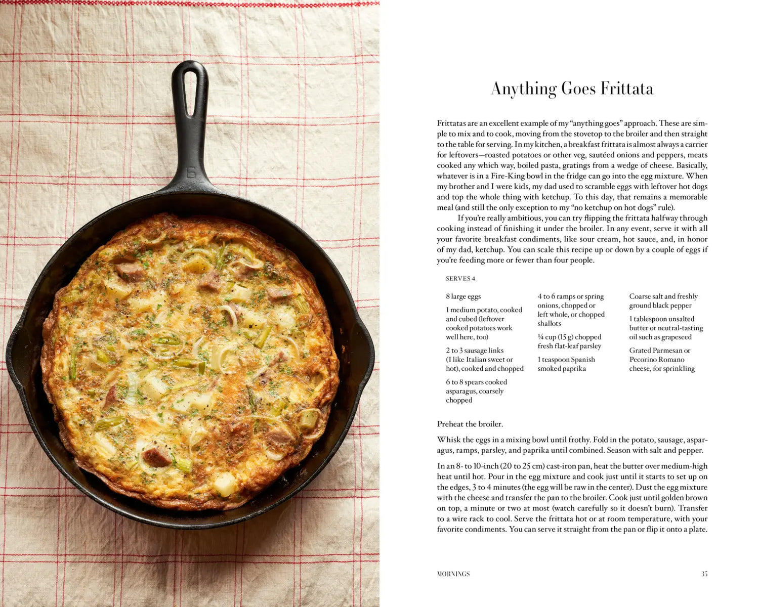 Frittata in a cast iron skillet on a textured surface with recipe text.