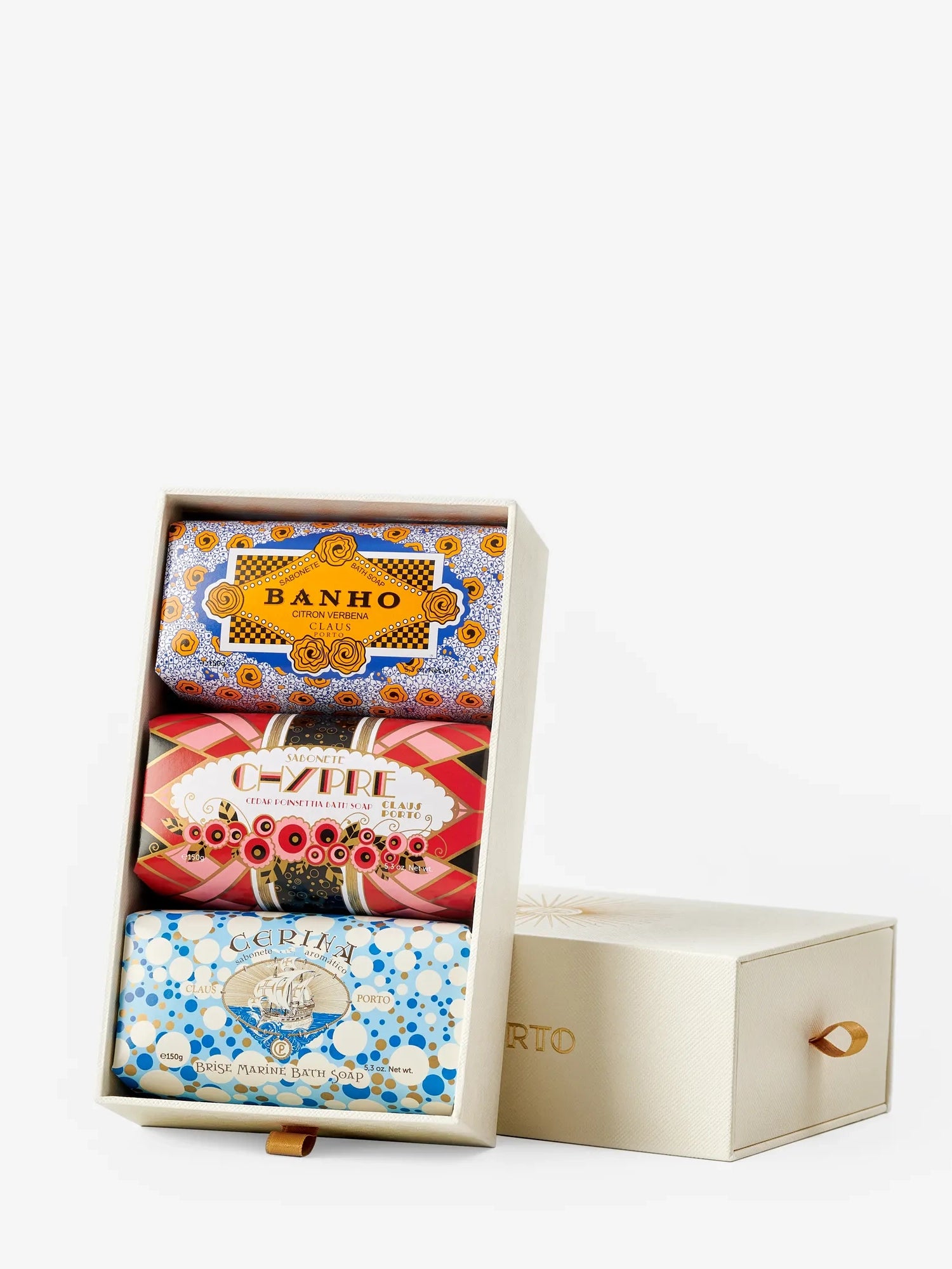 Three soaps of Claus Porto  in a decorative box with visible branding on a white background