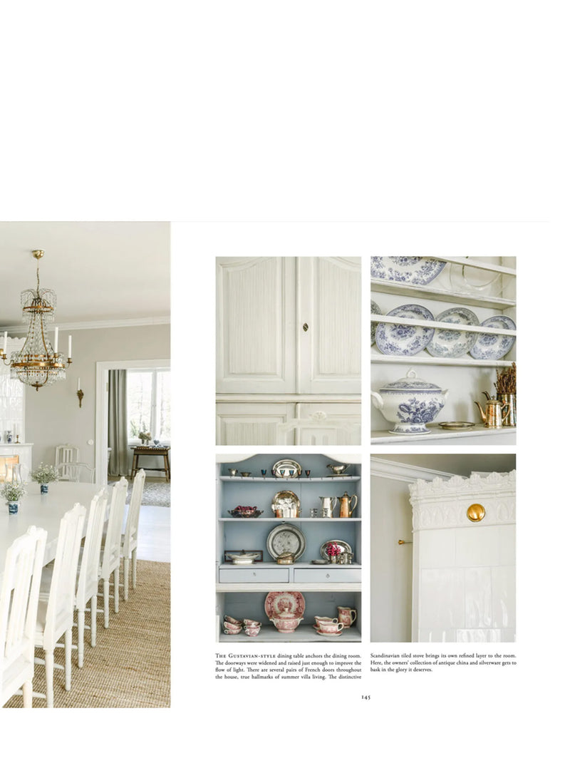 A high-style interior design spread of a interior decorating book showing an off-white dining room with old high-back white chairs and a chandelier on the left, and several inset photos on the right with cream white vintage cabinetry doors in close-up, plate shelves displaying old blue-and-white porcelain dishes, a traditional kitchen shelf with antique and the top part of white Swedish stove.