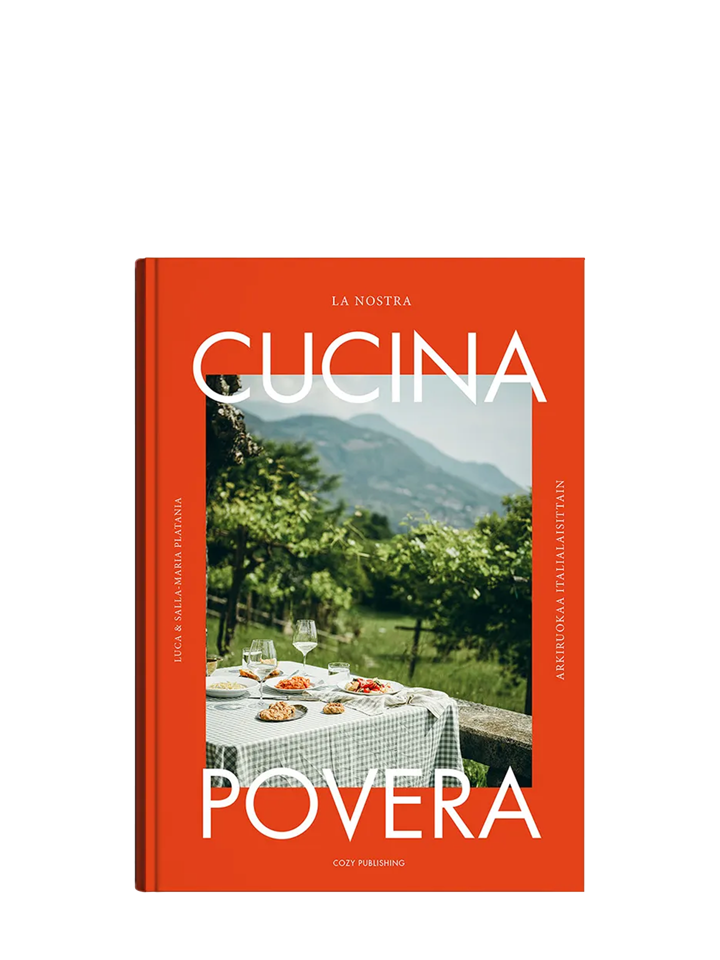 Cover of the book 'Cucina Povera' featuring a scenic view of an Italian landscape with a table set for dining in the foreground.