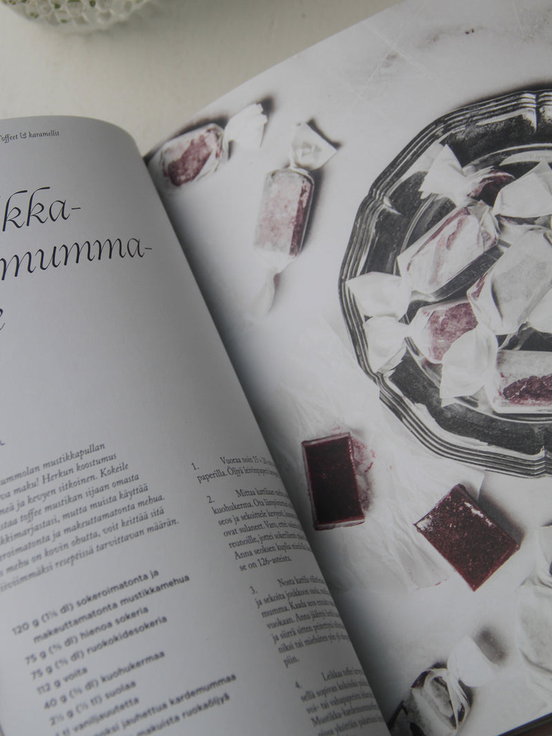 Open book with a page featuring images of confectionery items.