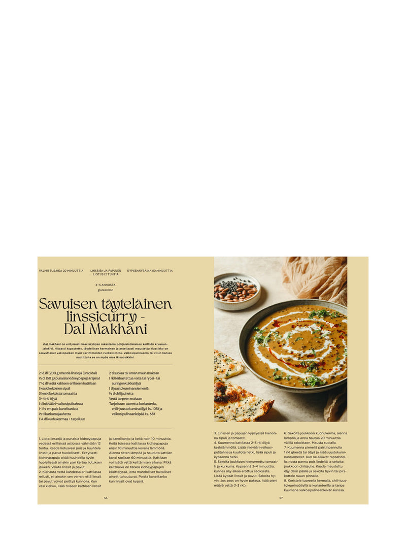 A printed recipe spread page in Finnish showing a prepared soup or sauce dish, bread, and text columns for the recipe and the page numbers at the bottom on a beige background.