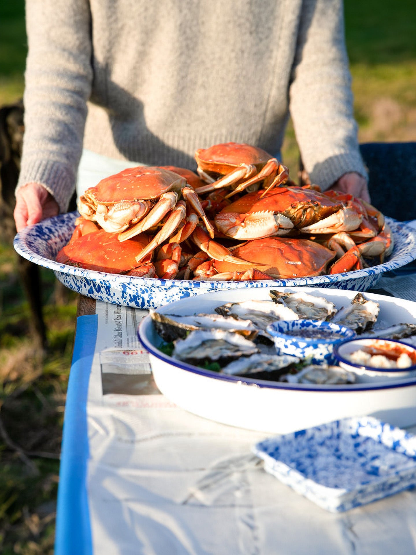 Large Round Tray, blue splatter