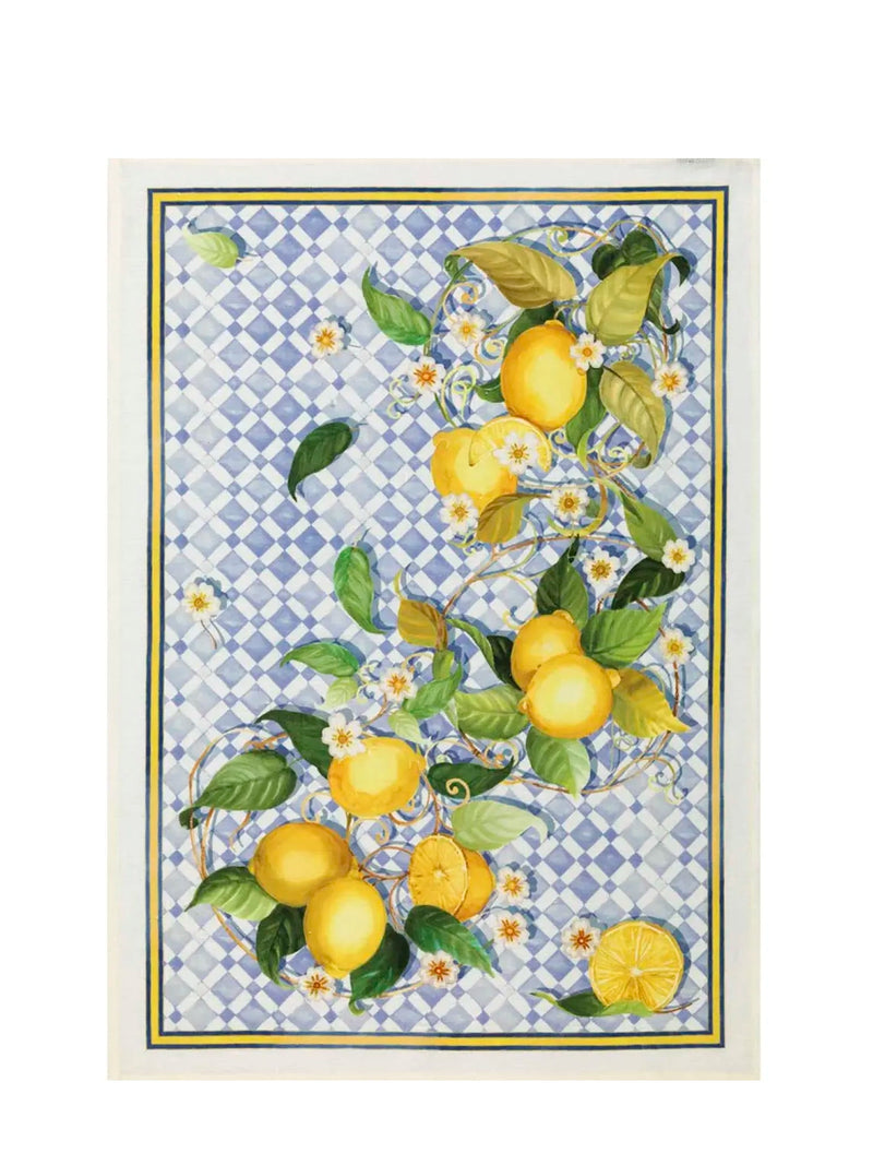 Decorative towel with lemon design on a blue geometric pattern