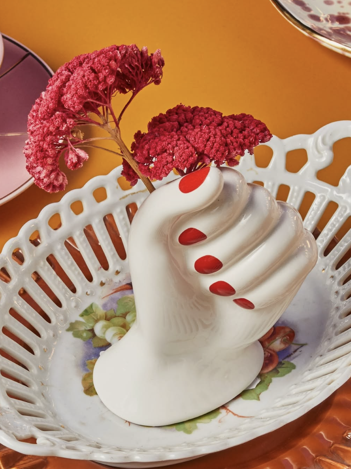 Red nail hand ceramic vase