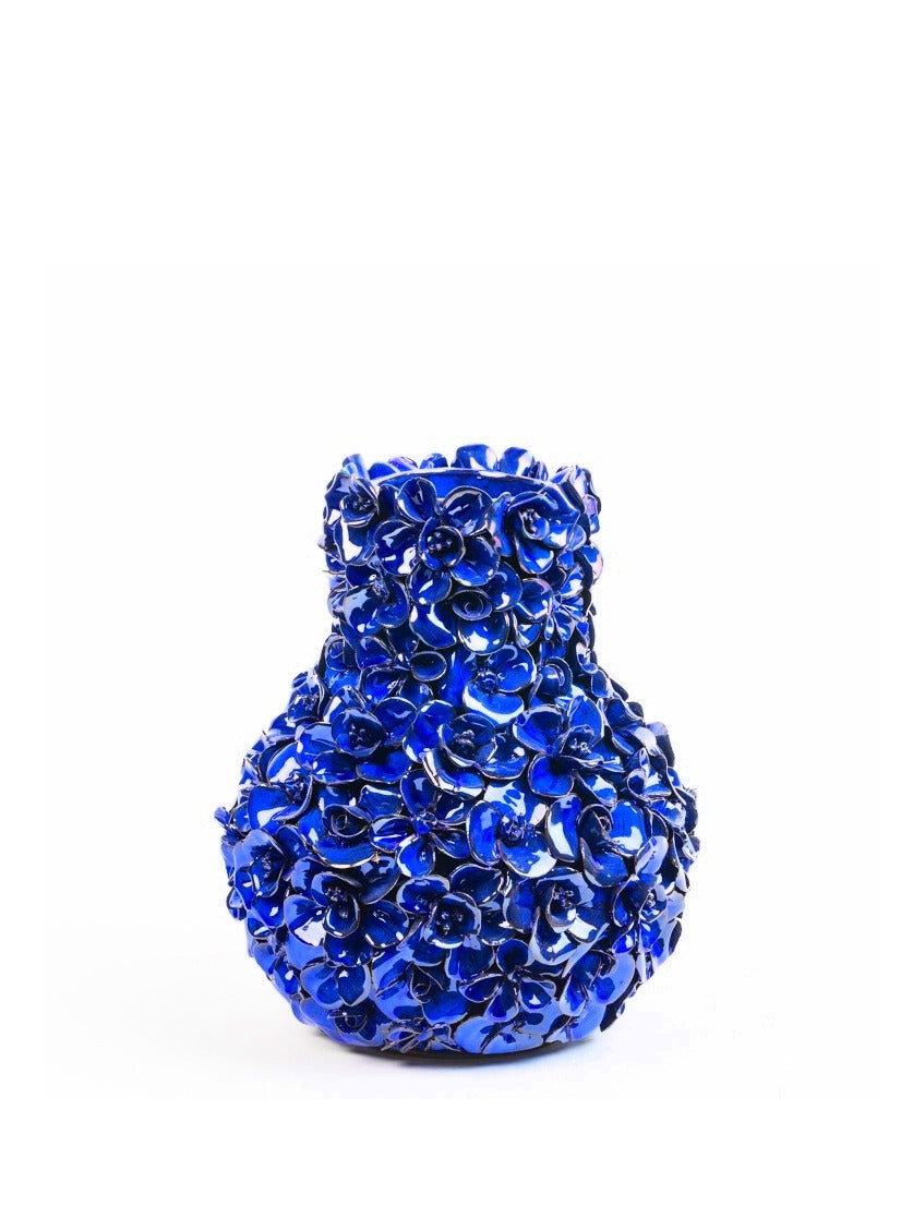 Vase deco with flowers, blue (h29cm)