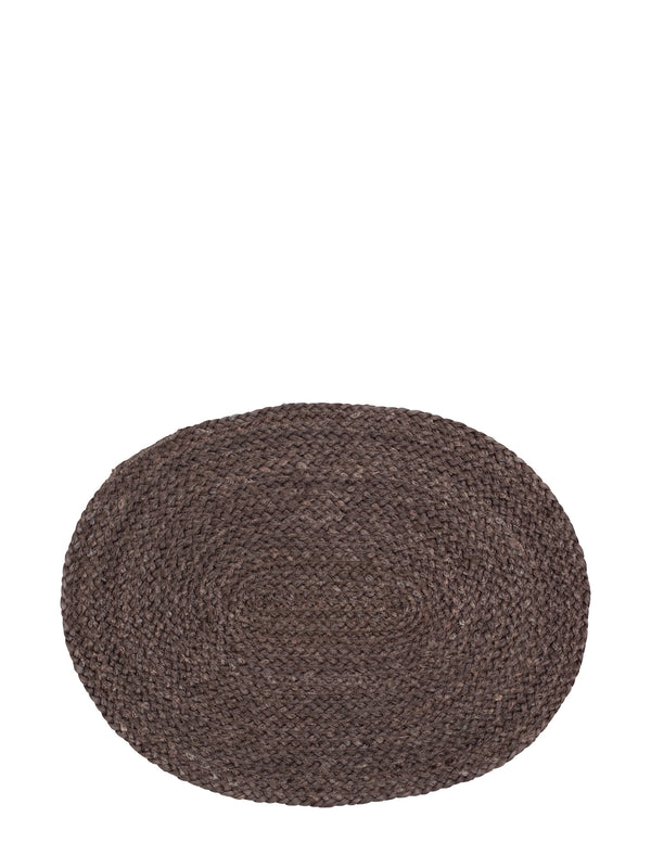 Oval braided placemat in a dark brown color, shown from a top-down view on a plain white background.