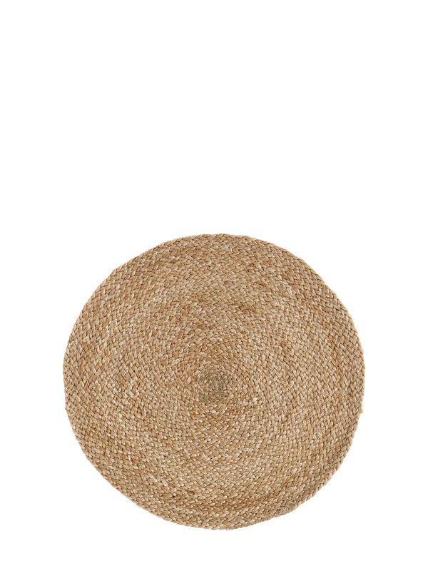 A round natural jute placemat with a tightly braided texture, shown from a top-down view on a solid white background.