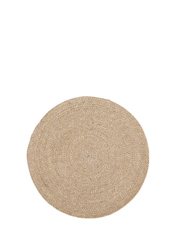 A round natural jute placemt with a textured braided pattern in a light tan color, shown from a top-down view on a solid white background.